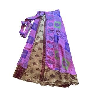 WAYAN Silk Sari Magic Wrap Skirt Reversible Purple Paisley Floral OS NWT